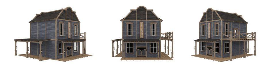 Set of 3 views of an old western saloon with swing door entrance. Isolated 3D rendered illustration.