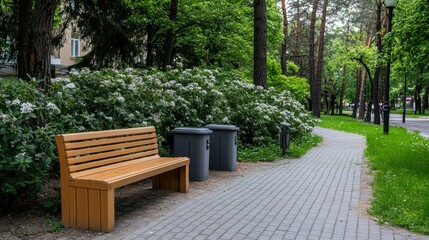 Public seating area features wooden benches and a garbage bin, providing a cozy spot for relaxation on a bustling city street