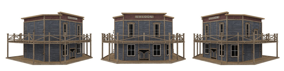 3 views of an old wooden saloon from a wild west town. Isolated 3D render.