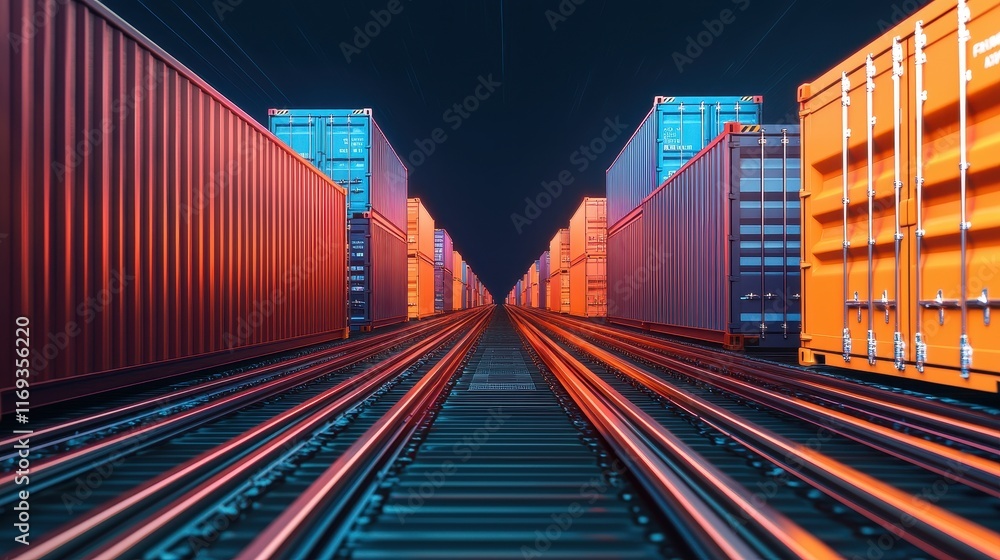 Poster a vibrant scene of train tracks lined with colorful cargo containers, creating a striking perspectiv