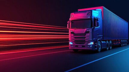 A vibrant, modern truck speeds through a dark setting, illuminated by dynamic light trails, symbolizing efficiency and transportation.