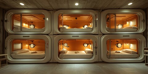 Compact capsule hotel offers modern sleeping pods in urban setting. Generative AI.
