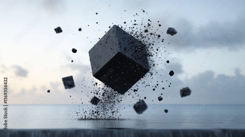 Poster dark cube disintegrating above calm ocean.