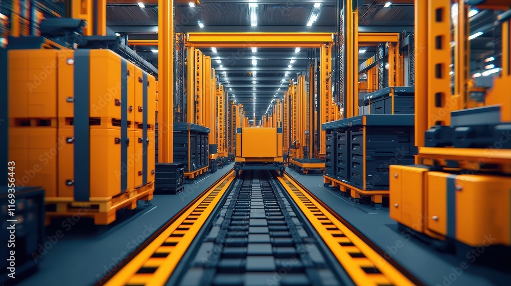 Poster a high-tech warehouse with orange storage containers and automated systems, showcasing an efficient 