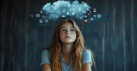 Teenager reflects on emotions under a dark cloud of social media. Generative AI.