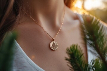 A close-up shot captures a delicate necklace featuring a beautiful tree pendant, illuminated by...