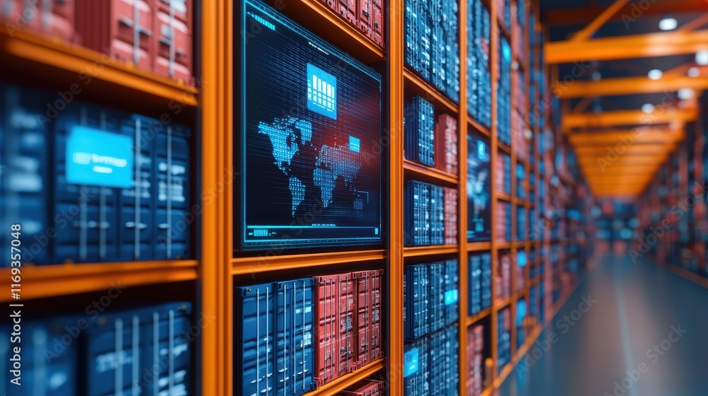 Poster a futuristic library filled with colorful books and a digital display of a world map, showcasing a b