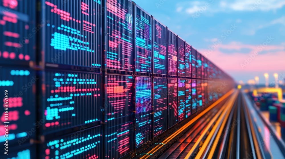 Poster a vibrant image showing a row of digital containers illuminated with colorful lights, symbolizing te