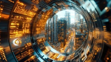 Obraz premium A futuristic cityscape viewed through a high-tech tunnel with glowing data streams. Ideal for sci-fi, technology, and innovation-themed projects.