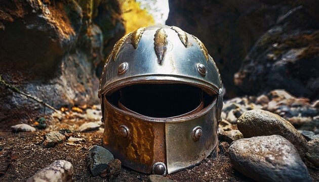 an armor helmet made of metal and gold in the mountain