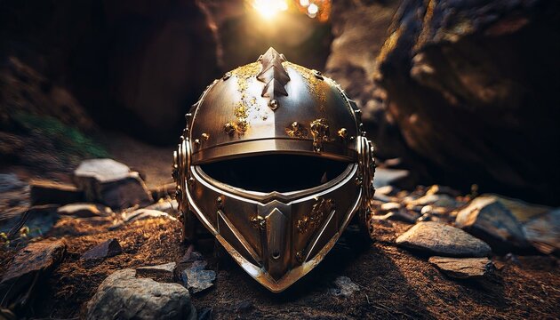 an armor helmet made of metal and gold in the mountain