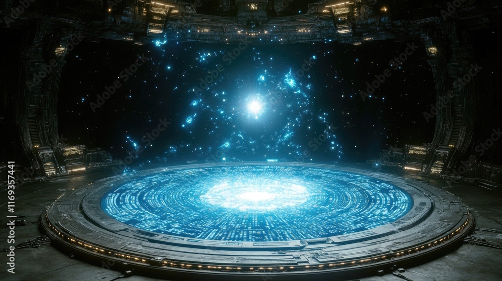Poster a large circular platform glows with intricate blue patterns within a dimly lit spacecraft interior.