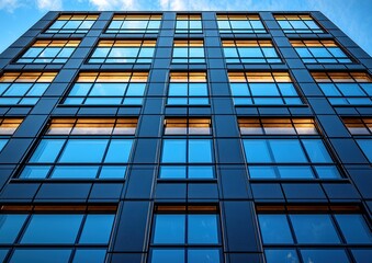 A modern building facade with large glass windows reflecting the sky.