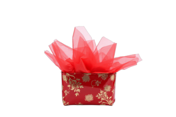A Lunar New Year gift basket wrapped in red cellophane, shiny and festive, isolated on a white background. PNG transparent.
