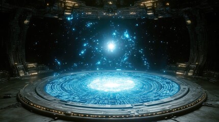 A large circular platform glows with intricate blue patterns within a dimly lit spacecraft interior.  Perfect for science fiction scenes or game backgrounds.