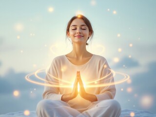 Woman meditating with glowing chakras, creating a peaceful and spiritual image for wellness, meditation or mindful concepts with a text area.