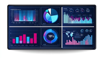 A futuristic digital dashboard displaying various data visualizations. Ideal for business analytics, market analysis, and real-time monitoring.