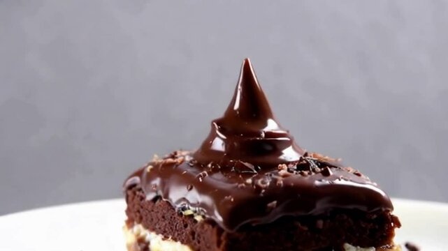 Chocolate cronut with rich ganache layers, revealing molten filling as crumbs fall, set against a gray background enhancing indulgence