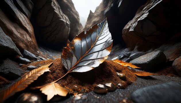 A silver and gold leafs in a cave in the mountians