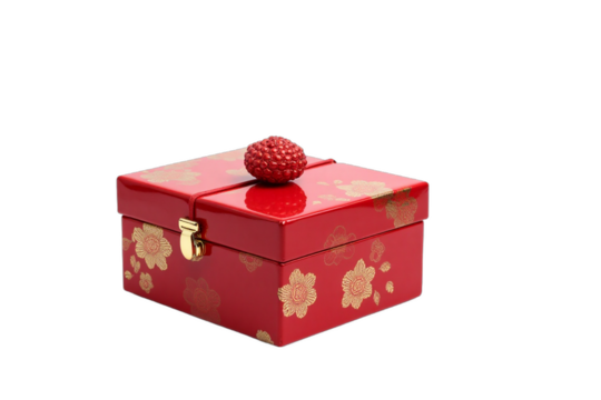 A red and gold lacquered jewelry box, shiny and festive, isolated on a white background. PNG transparent.
