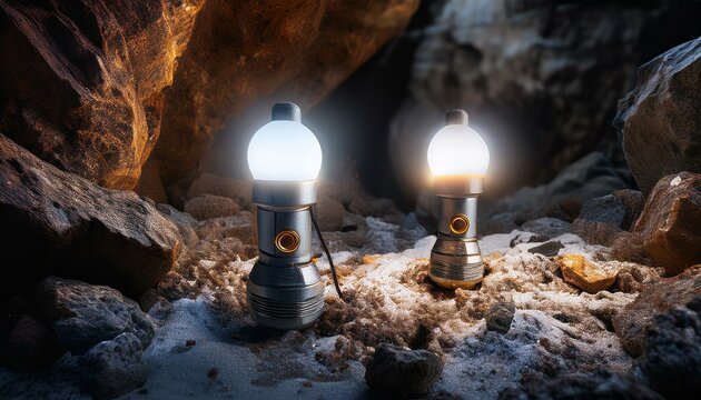 Small two lights in the Mountains between rocks, cave