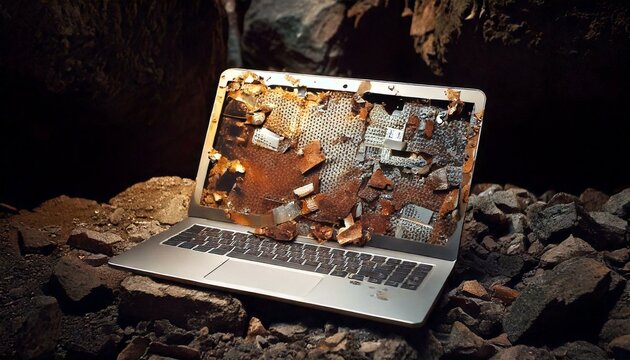 A broken Laptop in the mountains, rusted and screen broken