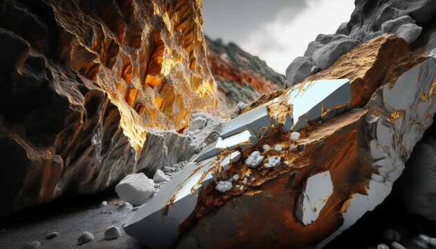 Mountains and rocks made of marble and gold, cave, sky
