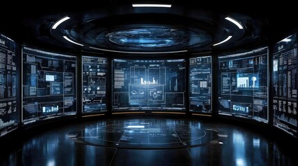 Futuristic command center with glowing screens displaying data and charts. Ideal for visualizing data analytics cybersecurity or monitoring complex systems.