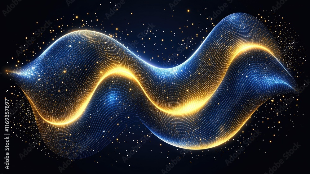 Poster a luminous blue and gold abstract wave flows across a dark background. perfect for website backgroun