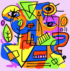 abstract face portrait cubism art style, decorative, line art hand drawn vector illustration.Group of colorful abstract face portrait cubism art style, decorative, line art hand drawn vector.