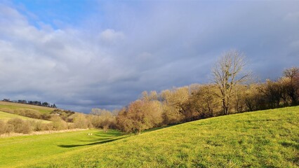Countryside landscape with rolling green hills, leafless trees, and dramatic clouds under a partly blue sky.