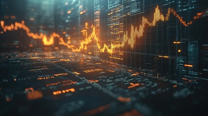 Abstract 3D rendering of stock market data and digital information flow. Ideal for financial technology presentations or website backgrounds.