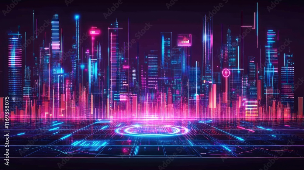 Poster neon cityscape with glowing lines and digital platform. ideal for futuristic or technology-related b