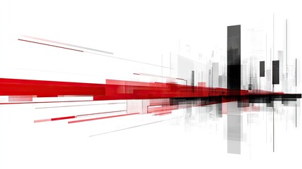 Naklejka premium Abstract cityscape with red and black geometric shapes. Ideal for modern tech or business presentations and website backgrounds. Evokes speed and innovation.