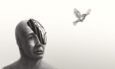 Freedom, escape, mindfulness concept artwork. surrealillustration. a bird flying out of a birdcage in human's mind.