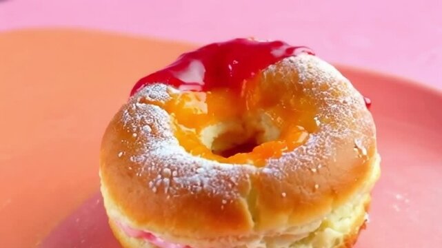 Citrus berry cronut with orange filling and raspberry glaze burst, set against a pastel orange and pink background for a summery feel