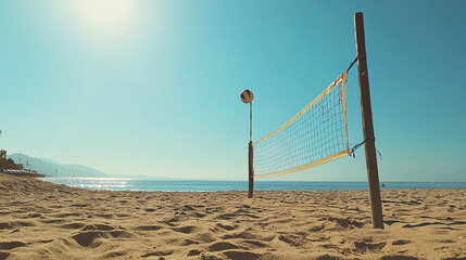 Beach volleyball court awaits players under the bright sun and clear blue sky