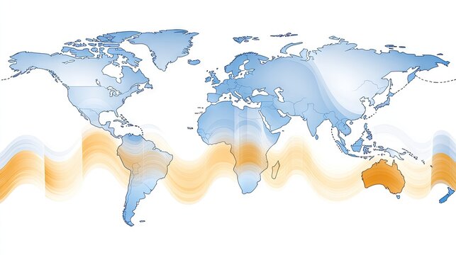 World map overlayed with wavy bands of orange and blue. Useful for visualizing global climate patterns or data related to temperature and latitude.