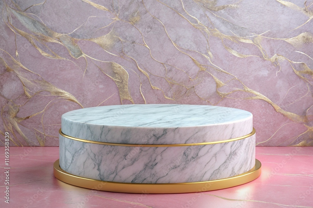 Poster minimalist elegant marble display stand with circular platforms and gold accents on gradient backgro