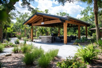 Wooden pergola, outdoor kitchen, lush landscaping, patio.