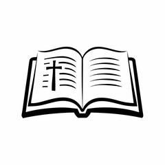 Black and white open bible icon with cross illustration and lines