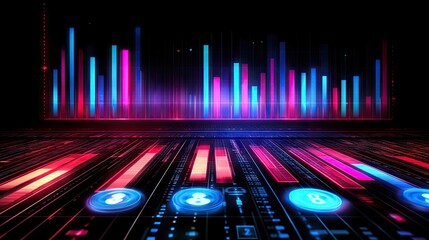 A futuristic digital interface showcasing data visualization with vibrant neon bar graphs and interactive controls. Ideal for fintech apps or cybersecurity dashboards.