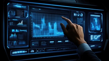 A hand interacts with a futuristic screen displaying charts, graphs, and data visualizations. Ideal for financial analysis, market research, or business dashboards.