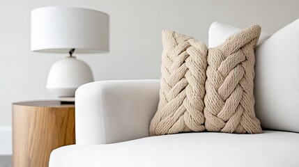 Cream-colored braided throw pillow resting on a white couch.  A minimalist, calming scene with soft...