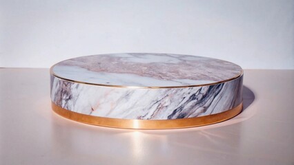 Elegant Minimalist Display with Round Marble Pedestal on Gold Base Against Soft Matte Pink Background