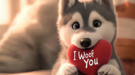 Adorable Husky Puppy Holding a Heart Saying I Woof You