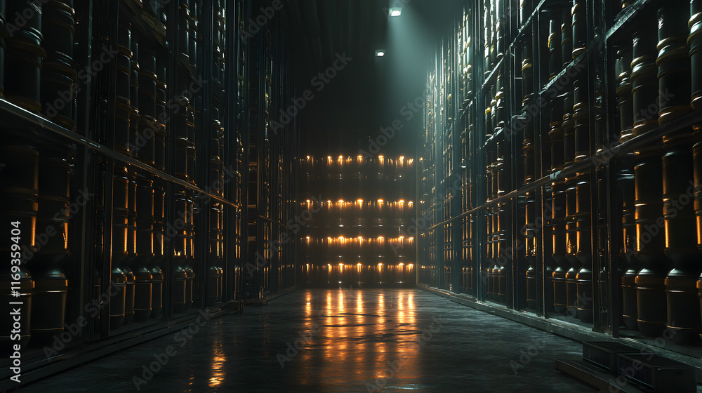 Poster a dramatic industrial storage space features rows of shelves illuminated by warm highlights creating