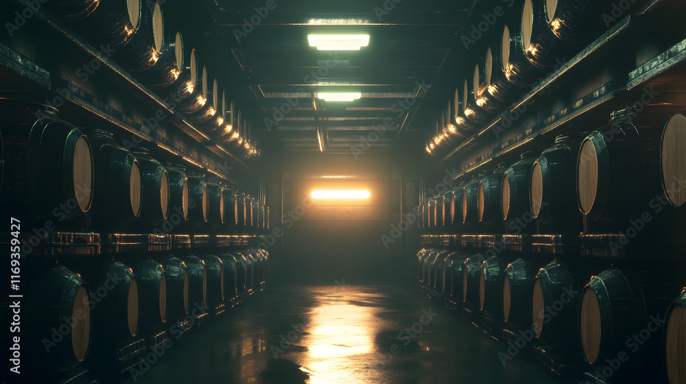 Poster a dramatic industrial storage space features rows of wooden barrels illuminated by soft light, creat