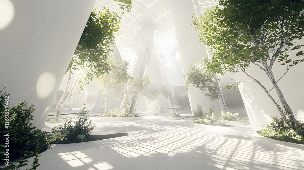 Poster a futuristic white atrium features tall walls and abundant greenery, illuminated by bright sunlight 