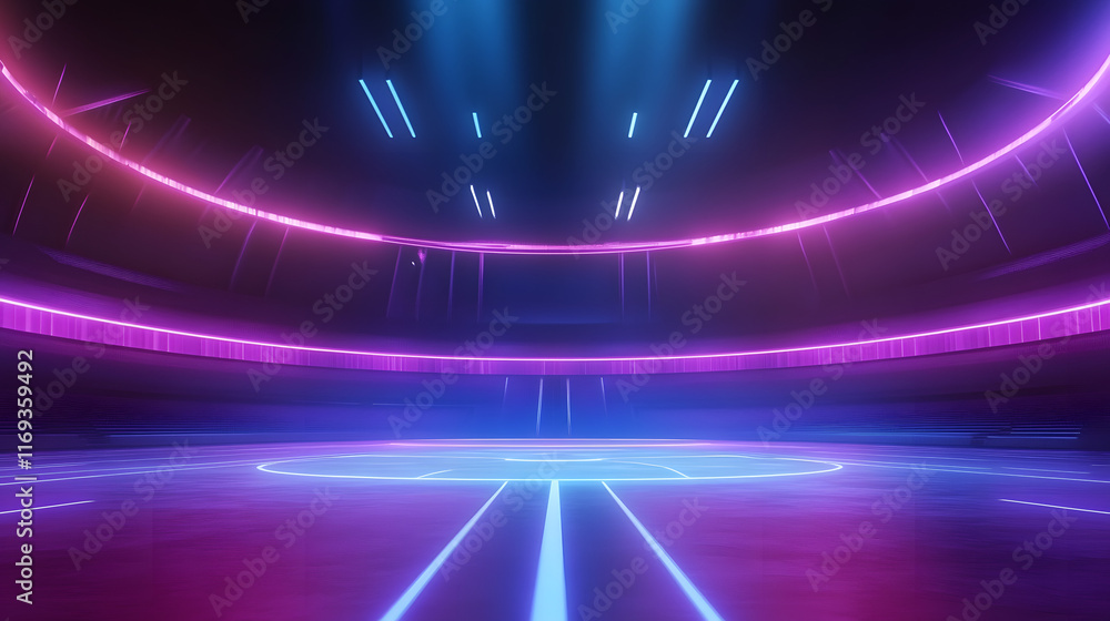 Poster a futuristic sci-fi arena features glowing holographs and vibrant neon lights, creating an immersive